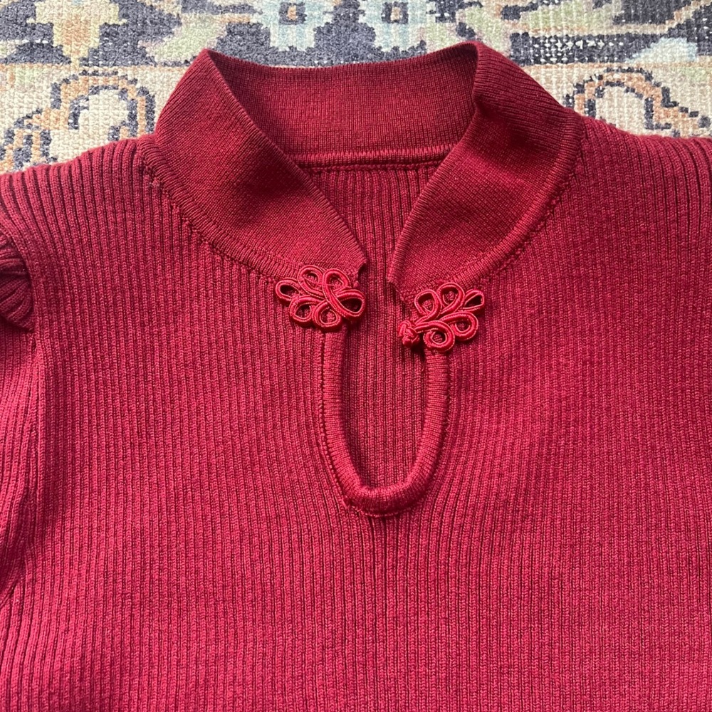 Burgundy Mandarin Collar Ribbed Knit Sweater Frog Knot Puff Sleeve Top Small - Picture 2 of 4